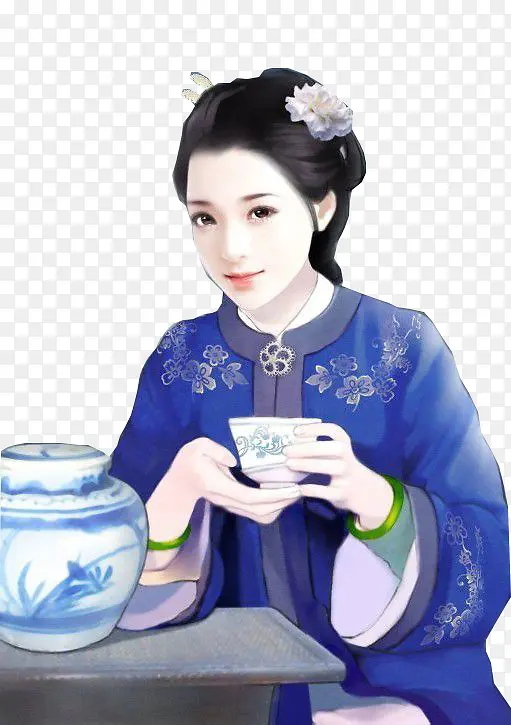 蓝衣茶碗女子