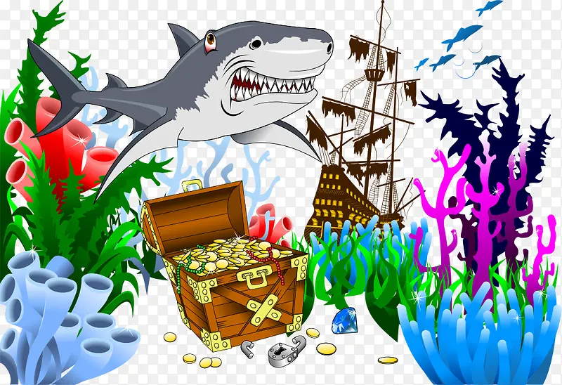 矢量鲨鱼和宝箱