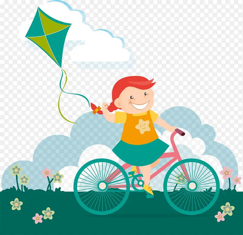 骑单车放风筝的女孩矢量图