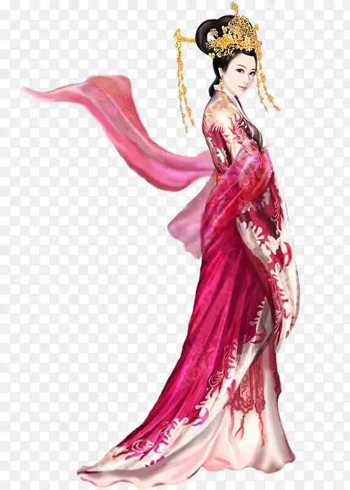 红衣金冠女子古风立绘