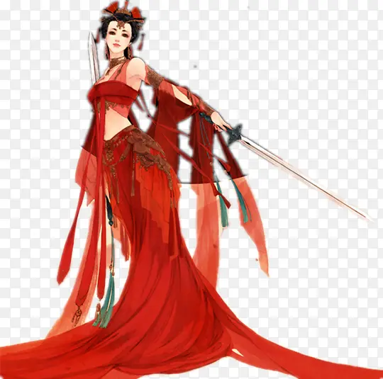 红衣性感长剑女子