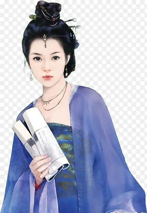 蓝衣扶劵女子立绘古风