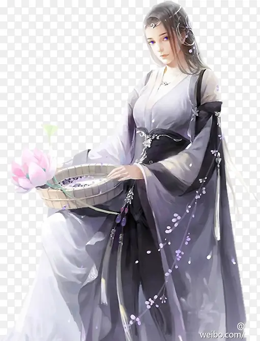 拿盆的白衣美女古风手绘
