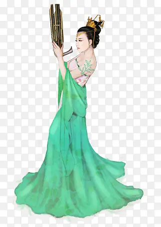 吹笙的绿衣美女古风手绘
