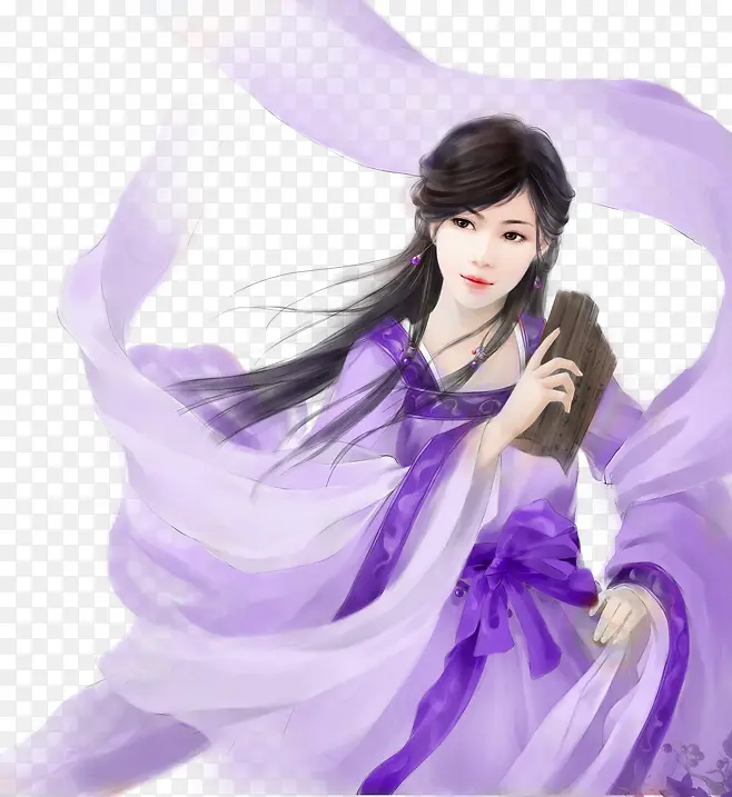 拿竹简的紫衣美女古风手绘