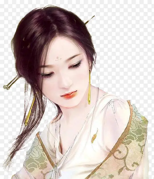低头的美女古风手绘
