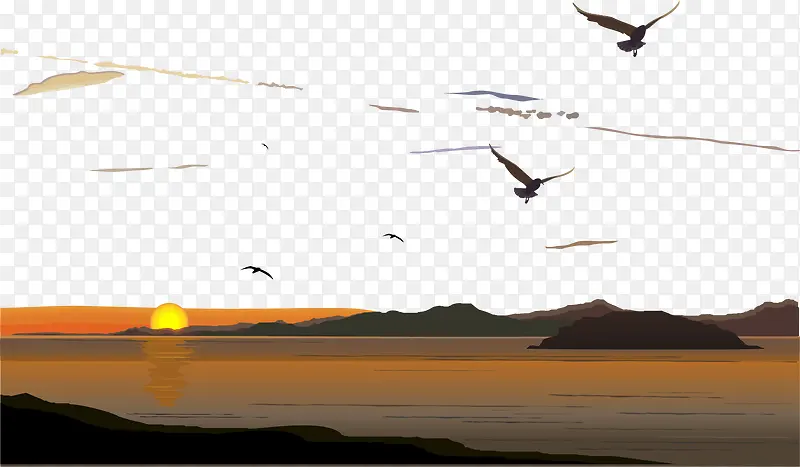 蓝色手绘夕阳