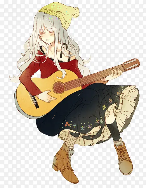 卡通立绘抱着吉他的女孩