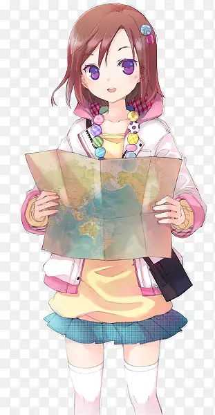卡通立绘拿着地图女孩