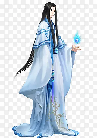 蓝衣白衣长黑发帅哥
