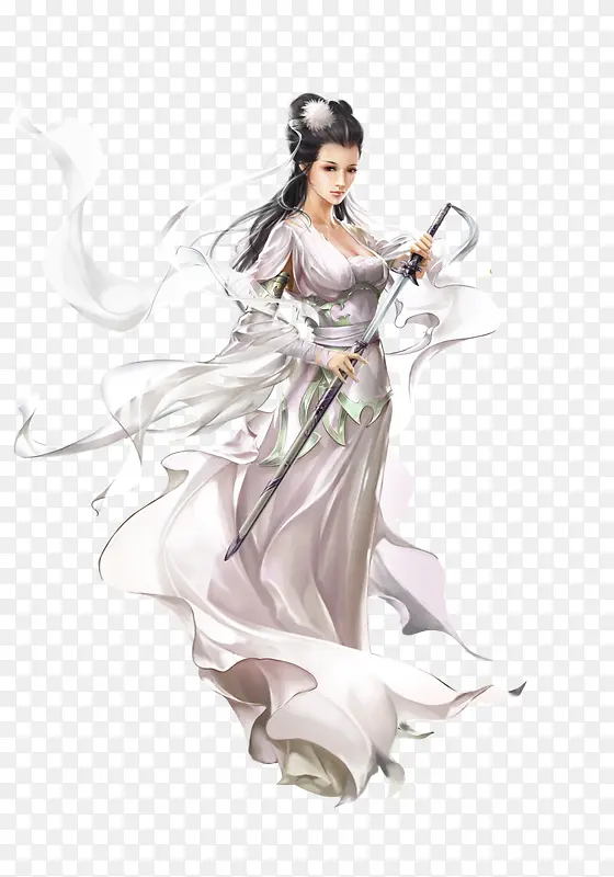 长剑白衣手绘女子