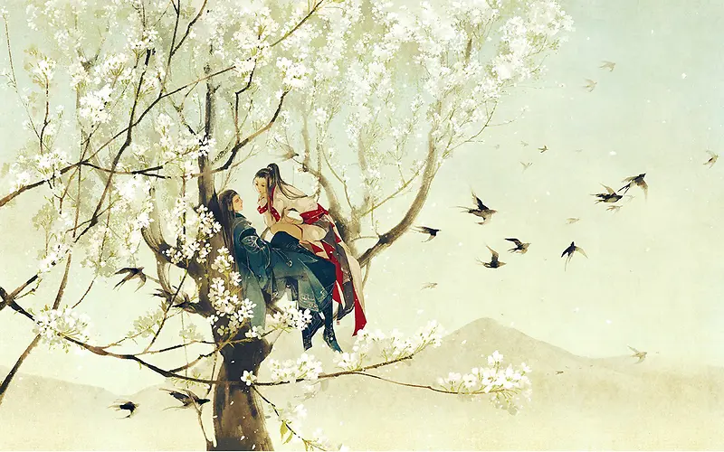 树上的情侣中国风海报背景