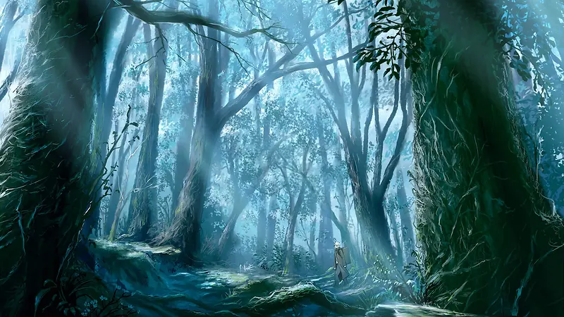 清新蓝色树林迷雾