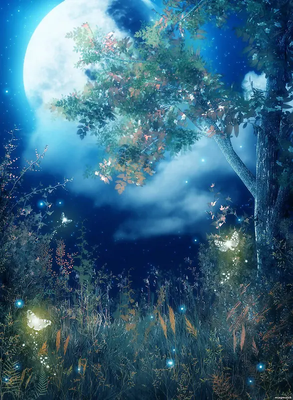 月亮蝴蝶树木背景