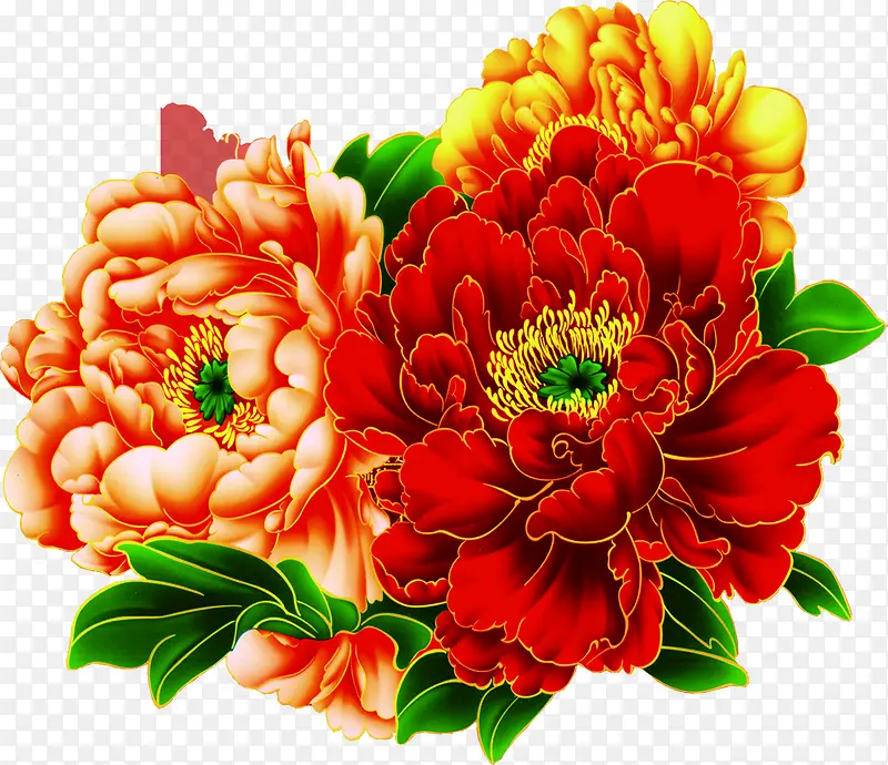 彩色中式手绘花朵