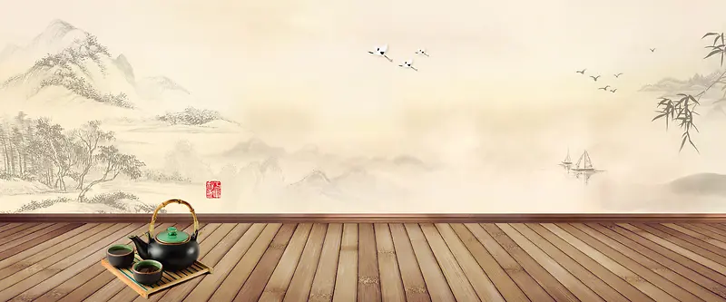 春茶上市文艺中国风水墨纹理棕banner