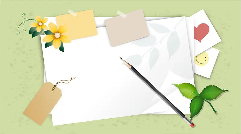 文艺清新淡雅绿色底色花朵信纸铅笔背景素材