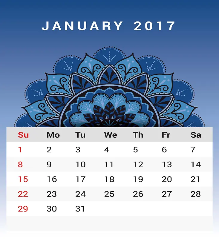 古典花纹2017年1月日历
