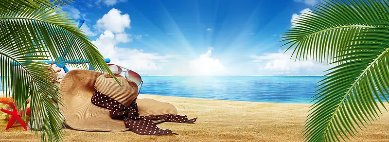 海边度假景色文艺蓝天海滩太阳帽背景