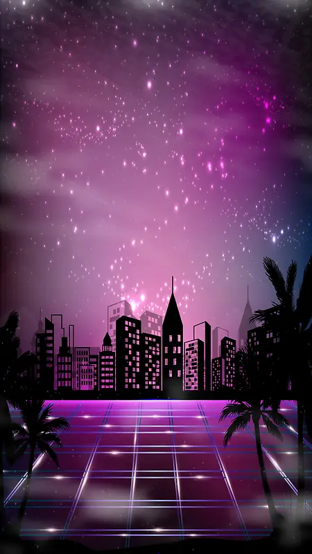 紫色天空下的城市H5素材背景