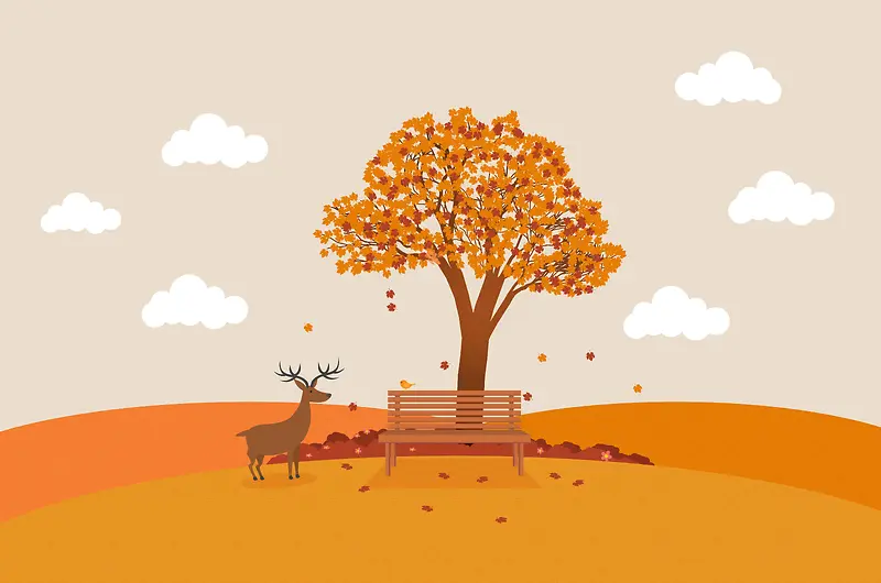 秋天风景与树和鹿的背景矢量素材