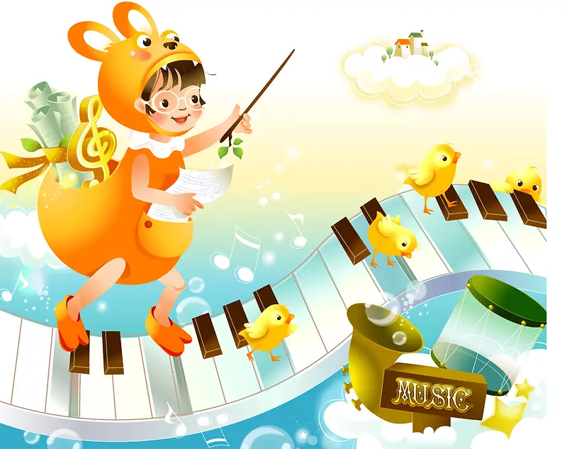 卡通儿童插画绘画音乐钢琴乐园海报背景素材