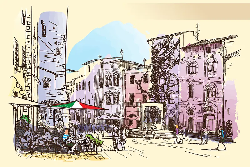 彩绘圣吉米尼亚诺城市风景背景图