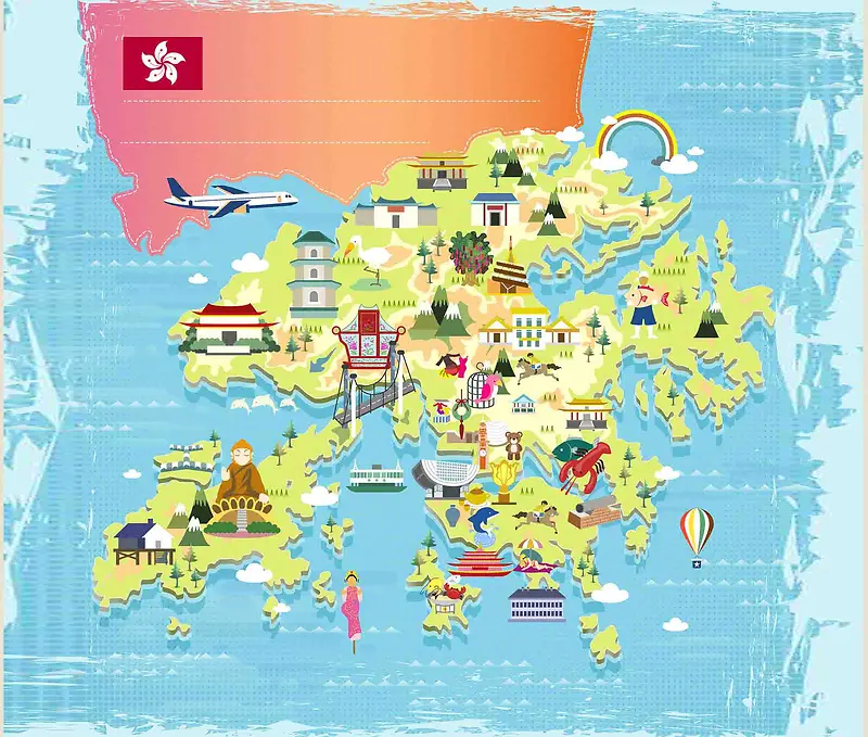 手绘矢量旅游香港紫荆花海景点地图海报背景
