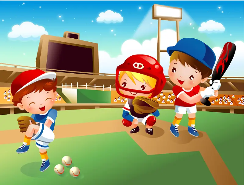 卡通儿童运动棒球操场蓝天白云背景