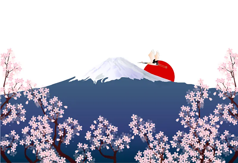 手绘樱花富士山背景