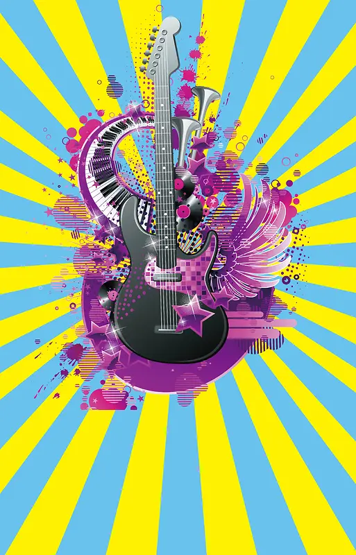 吉他上的紫色花背景素材