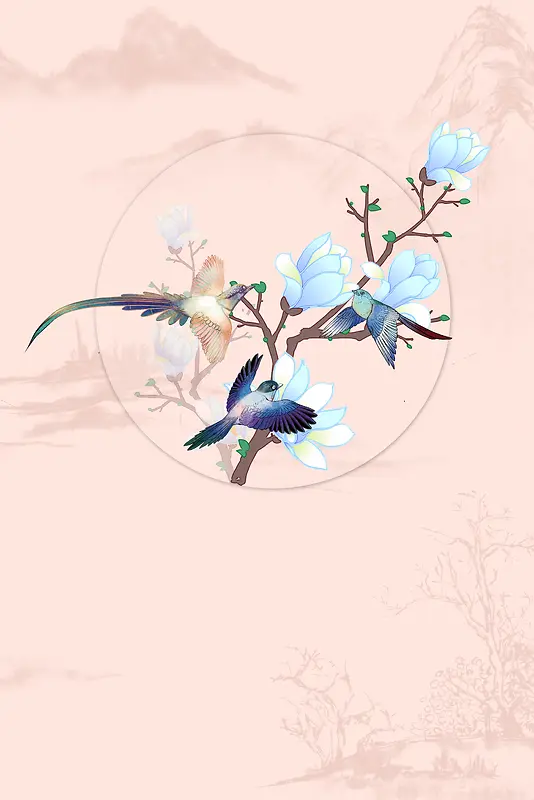 手绘喜鹊玉兰花背景图