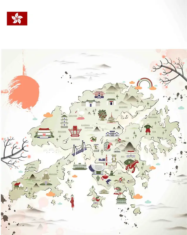 手绘矢量旅游香港景点地图浅色海报背景