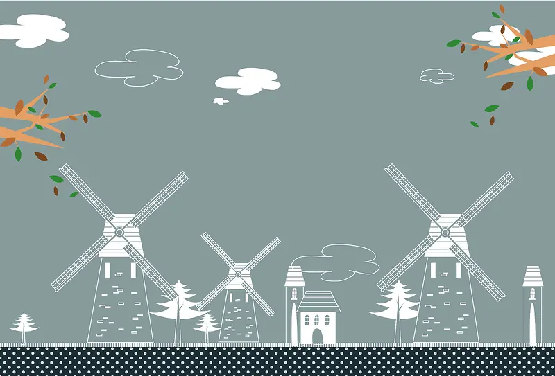 矢量手绘旅游荷兰风车背景素材