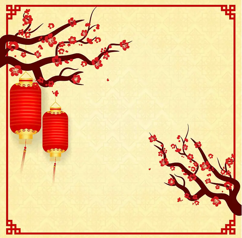 中式春节剪纸喜气过年灯笼梅花边框海报背景