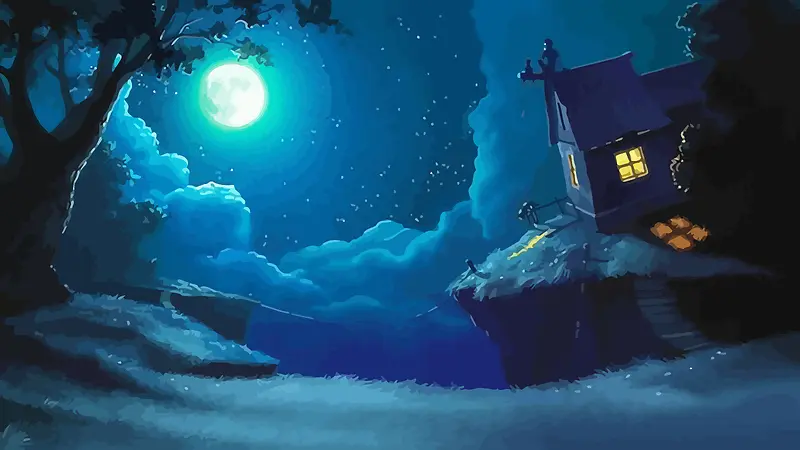 深蓝色卡通树林小屋月亮