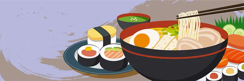 卡通手绘拉面寿司美食海报背景素材
