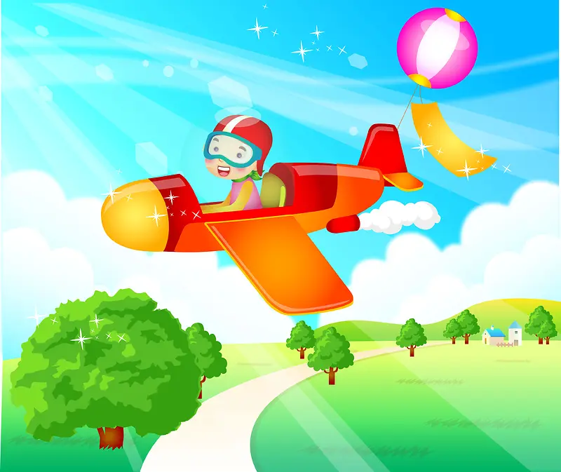 卡通儿童手绘飞行员飞机气球蓝天森林背景