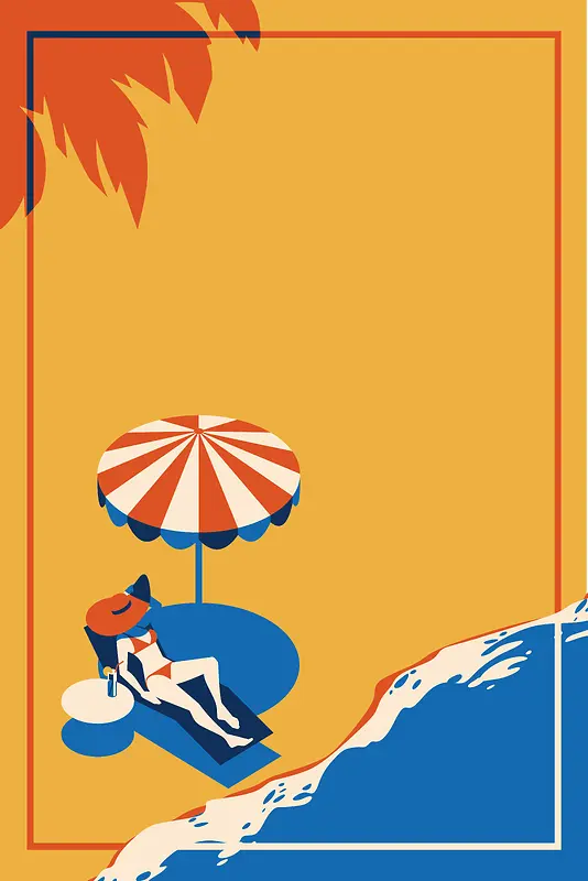黄色矢量插画海边沙滩旅游海报背景