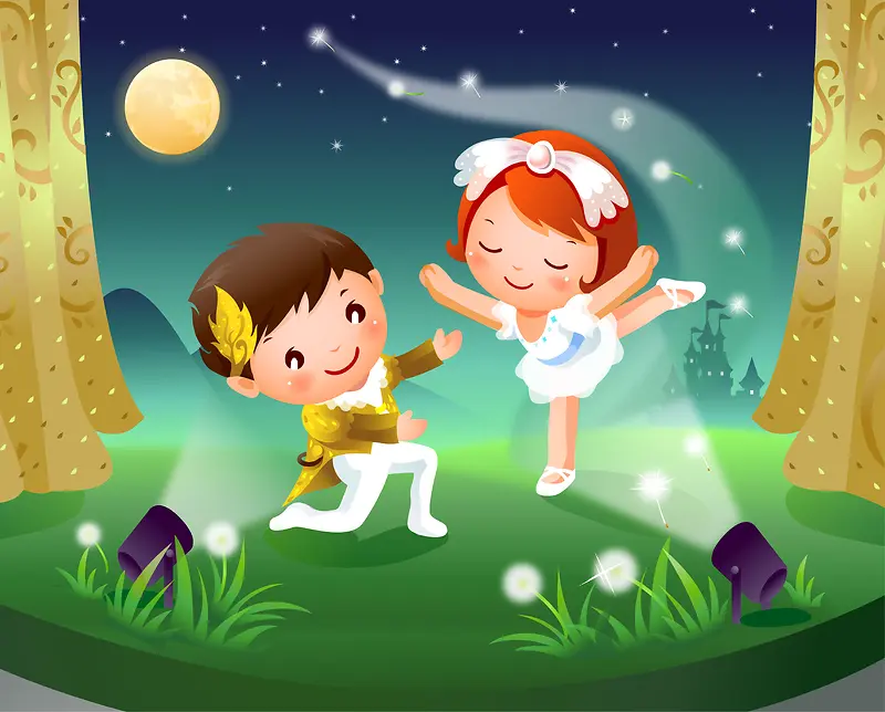 卡通儿童手绘夜晚表演帷幕草地舞者月亮背景