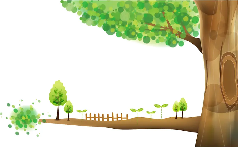手绘绿色大树叶子篱笆背景素材