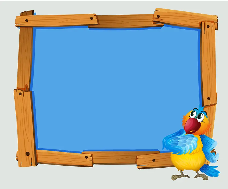 矢量蓝色卡通木板边框鹦鹉背景素材