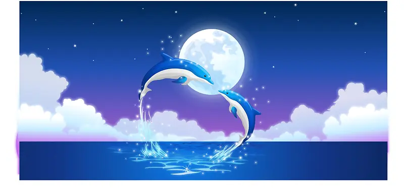 海上升明月海豚浪花背景矢量素材