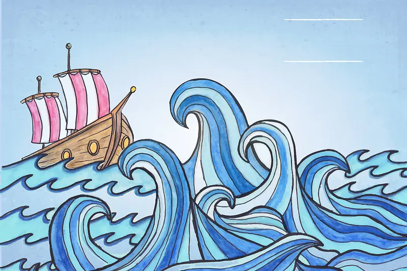 手绘蓝色海浪帆船海报背景素材