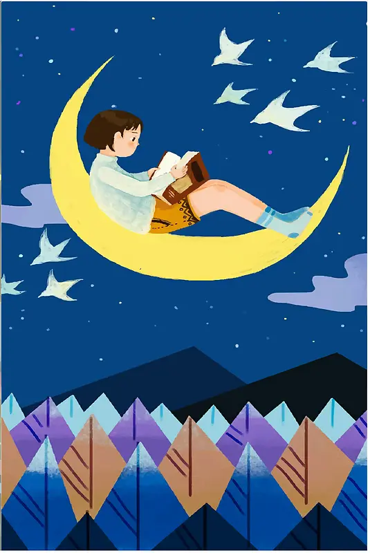 卡通手绘唯美夜空女孩阅读海报背景