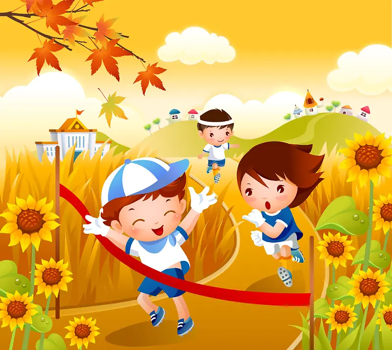 儿童手绘秋天田野枫叶向日葵背景素材