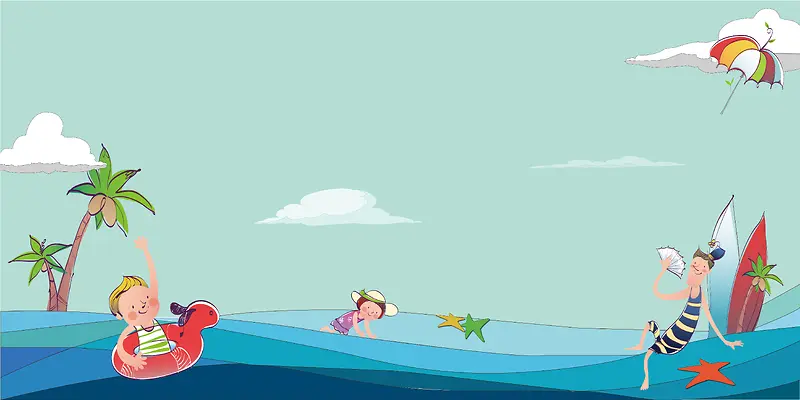 卡通人物海水椰子树海星背景素材