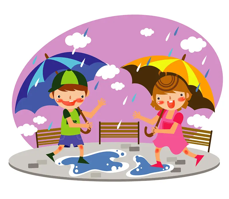 手绘卡通儿童下雨打伞背景素材
