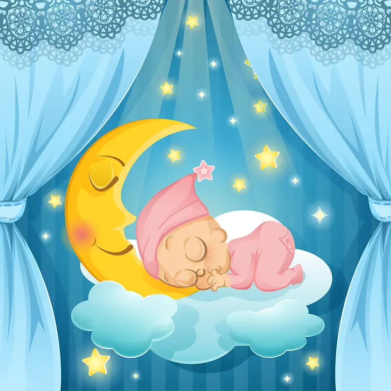 夜晚卡通婴儿温馨睡觉蓝色背景