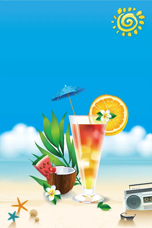 蓝色矢量夏季饮品促销海报背景